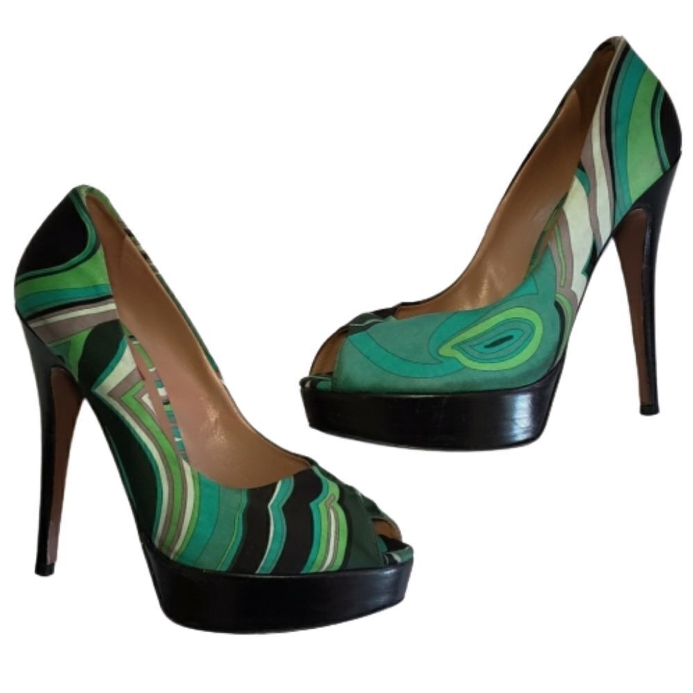 MISSONI heels green swirl silk peep toe pumps 9.5